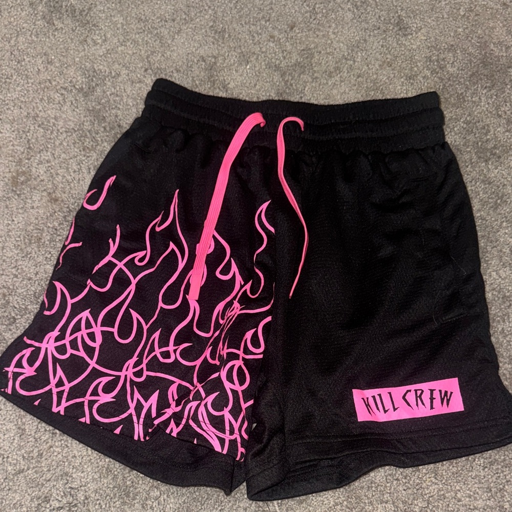 Kill Crew Black Shorts with Hot Pink Flame Graphics